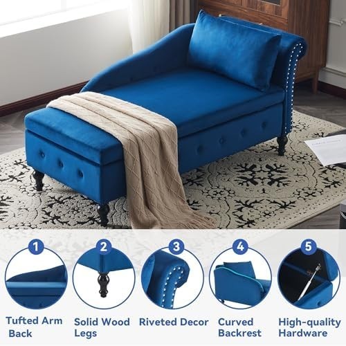 Blue Velvet Chaise Lounge Sofa with Storage & Pillow Modern Button Tufted Couch
