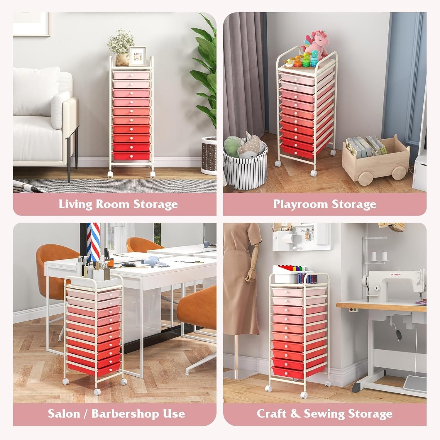 Gradient Pink 10 Drawer Rolling Storage Trolley Craft Beauty Organizer