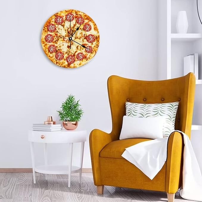 Funny Pizza Wall Clock 25cm Silent Non-Ticking Round Wooden Kitchen Decor