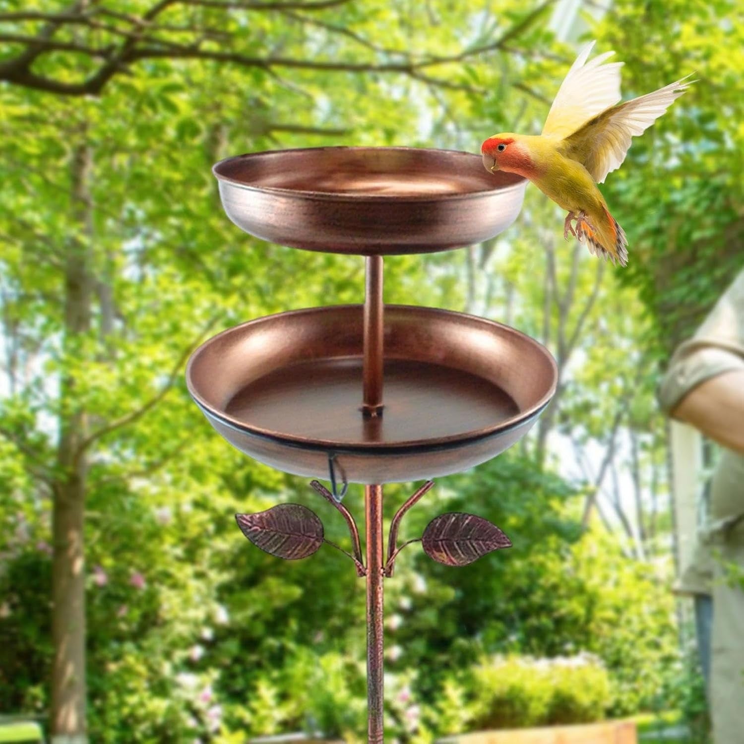 Tall Double Layer Metal Bird Bath Feeder Bronze Garden Outdoor Water Bowl