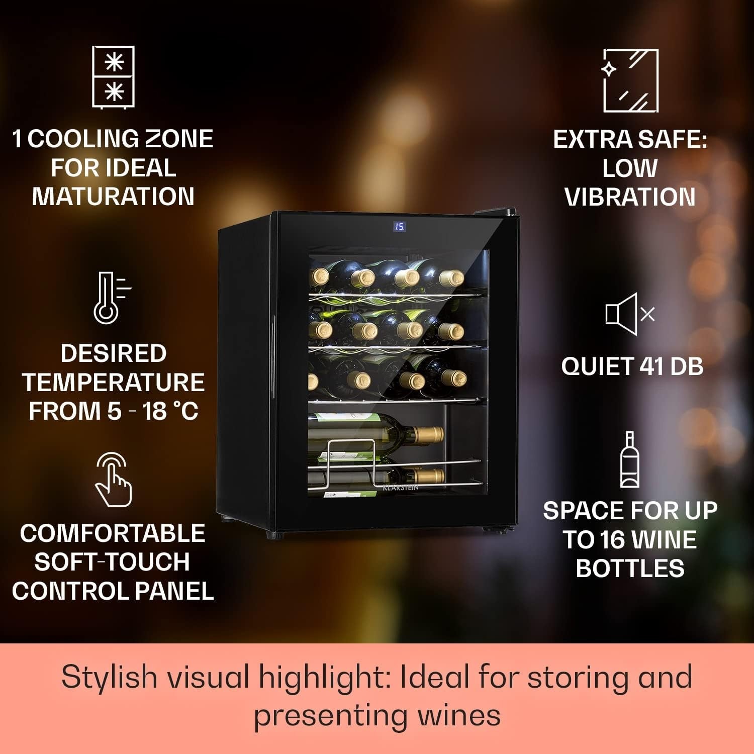 Wine Cooler Fridge 16 Bottle Glass Door Single Zone Slim Freestanding Black