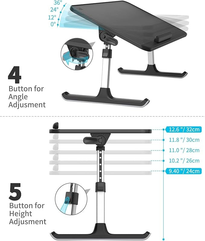 Adjustable Lap Desk Bed Table 52x30cm Laptop Stand Mouse Space Dark Black