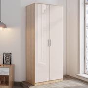 High Gloss 2 Door Wardrobe with Hanging Rail & Shelves - Bedroom Storage