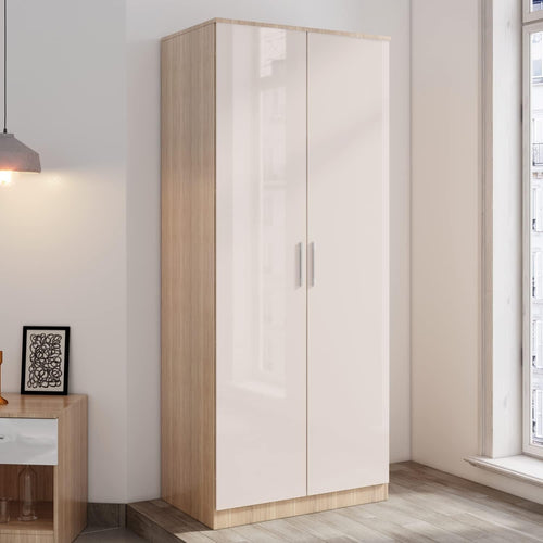 High Gloss 2 Door Wardrobe with Hanging Rail & Shelves - Bedroom Storage