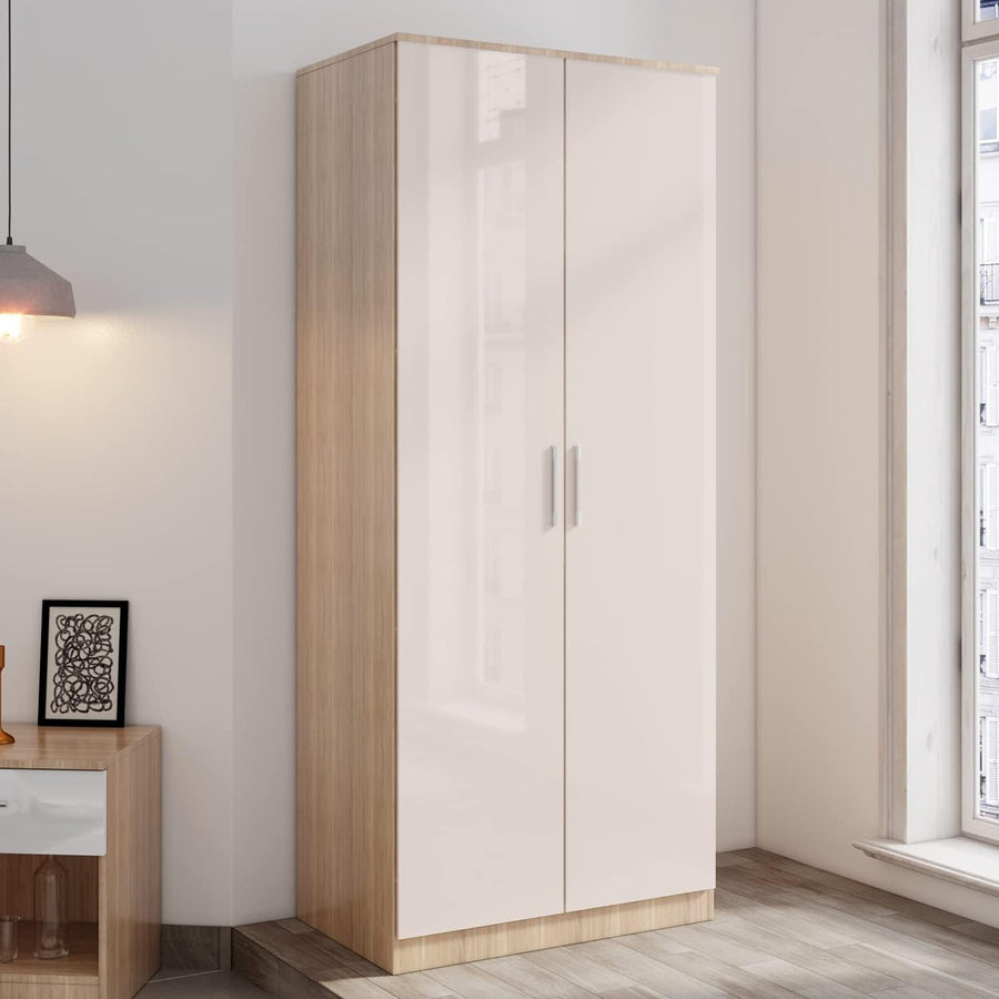 High Gloss 2 Door Wardrobe with Hanging Rail & Shelves - Bedroom Storage