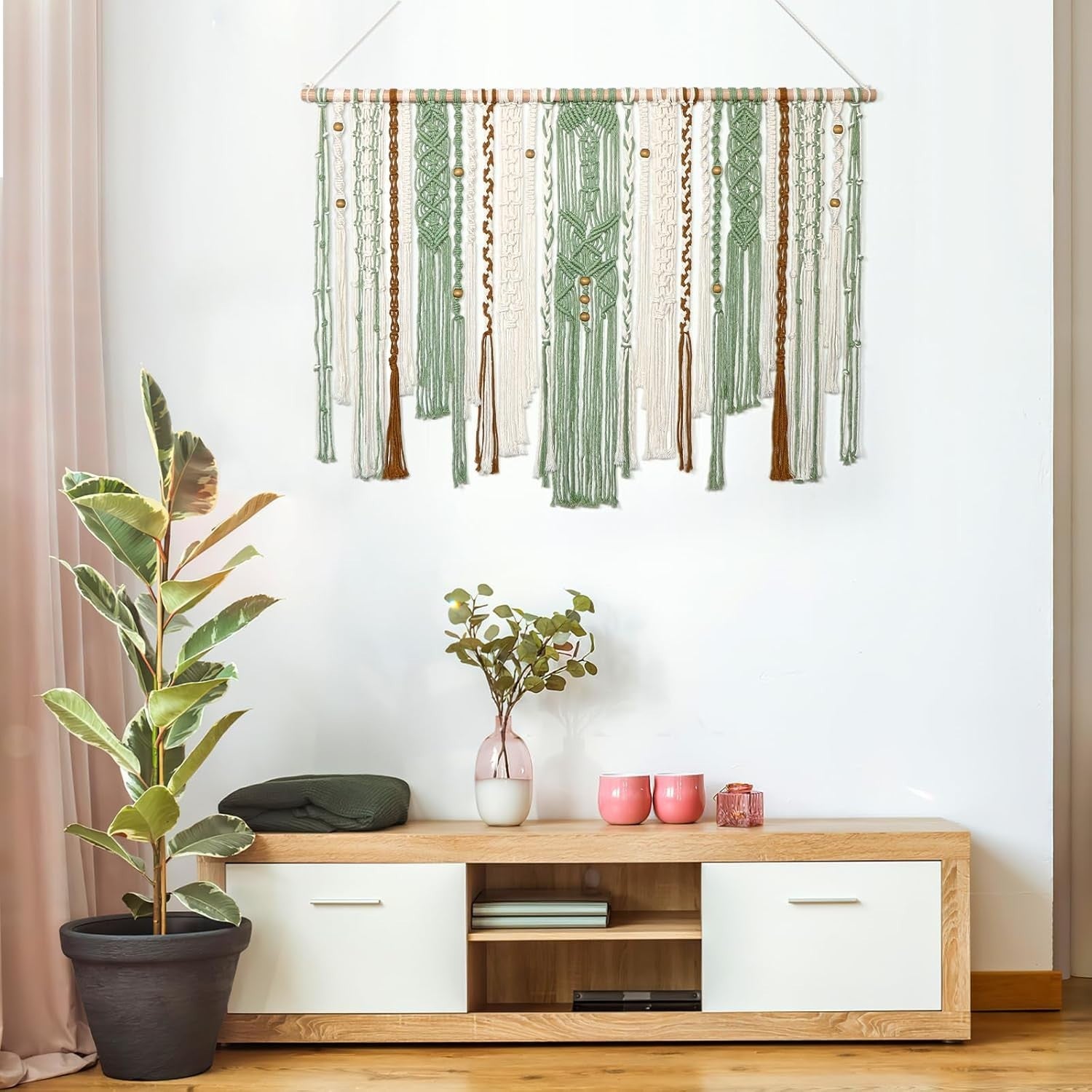 Large Green Macrame Wall Hanging 98x75cm Boho Woven Tapestry
