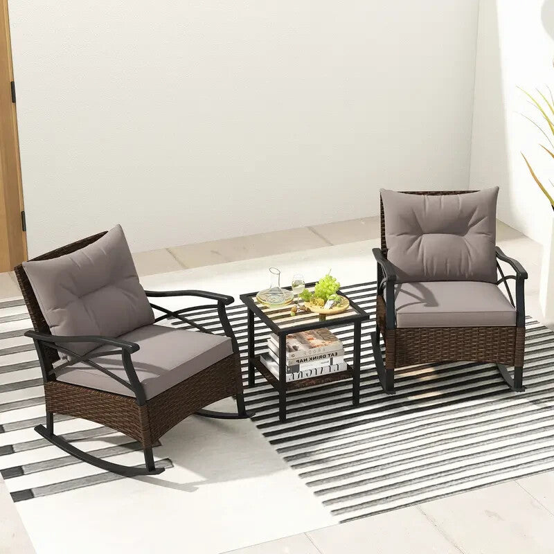 Patio Rattan Rocking Chair Set 3PC With Glass Top Coffee Table Cushions