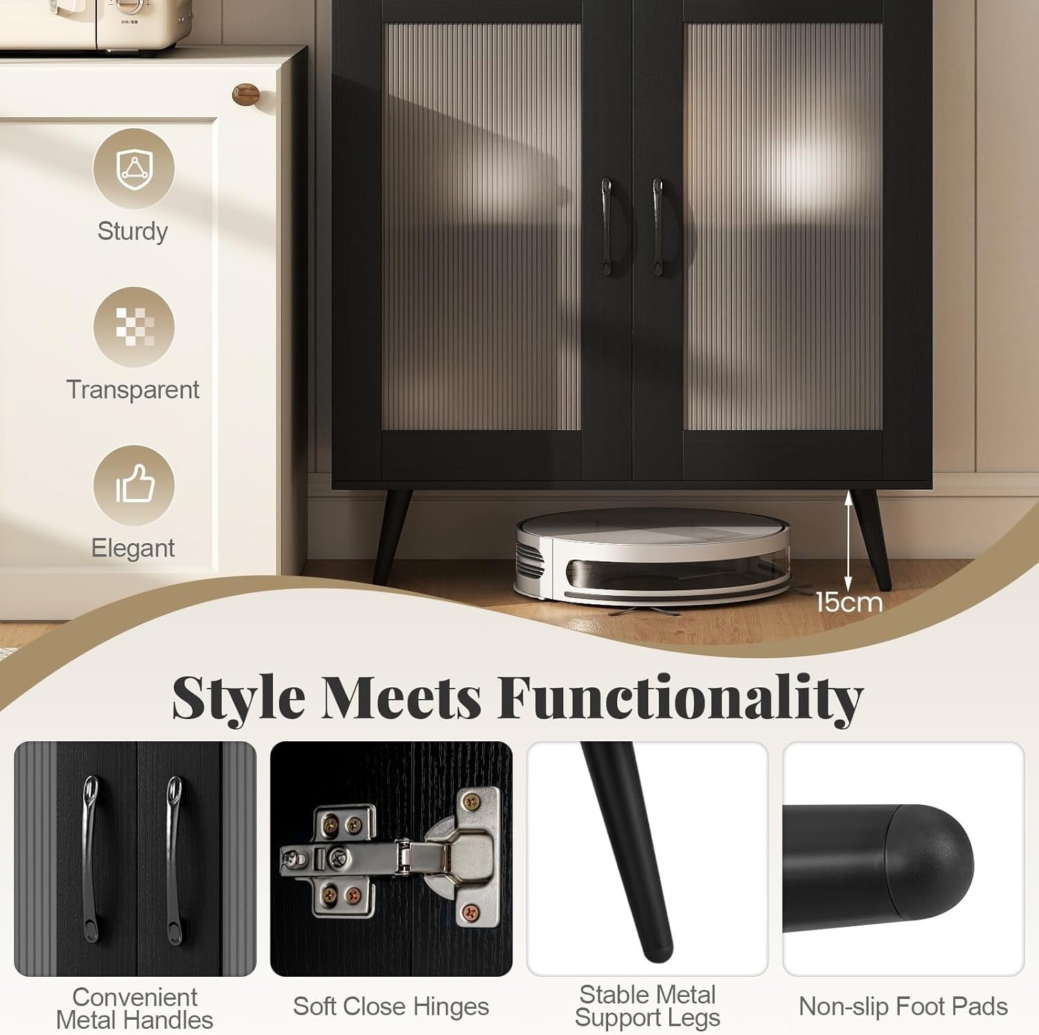 5-Tier Kitchen Cupboard Black with 4 Doors Adjustable Shelf Storage