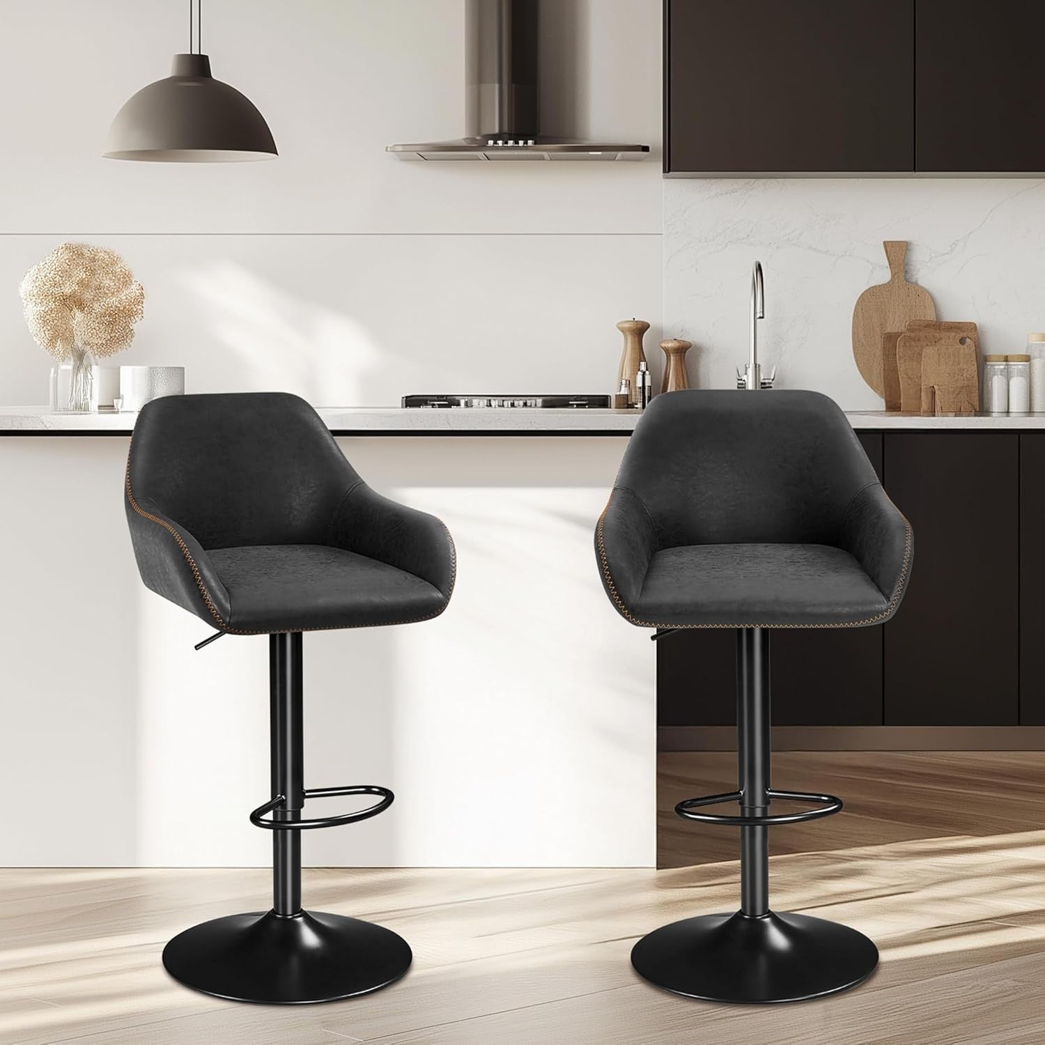 Adjustable Black Leather Bar Stools Set of 2 Swivel Counter Chairs