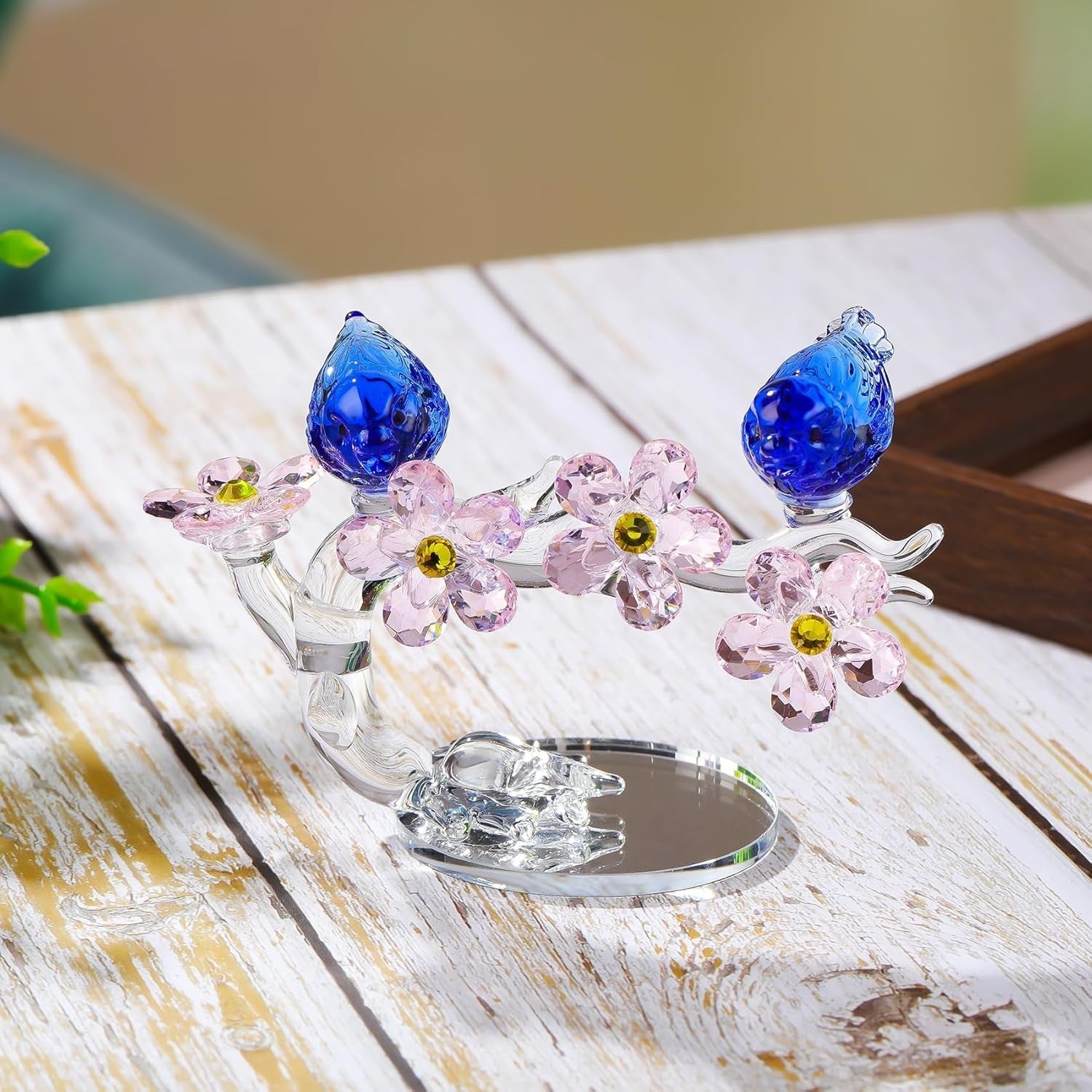 Crystal Flowers with Birds Ornament Wedding Anniversary Sapphire Blue Gift Decor