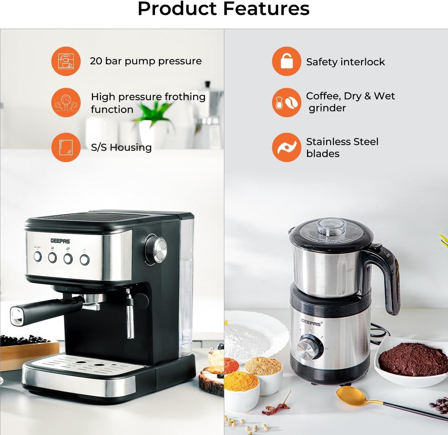1100W Espresso Machine & 450W Grinder Set | 20-Bar Pressure | Milk Frother