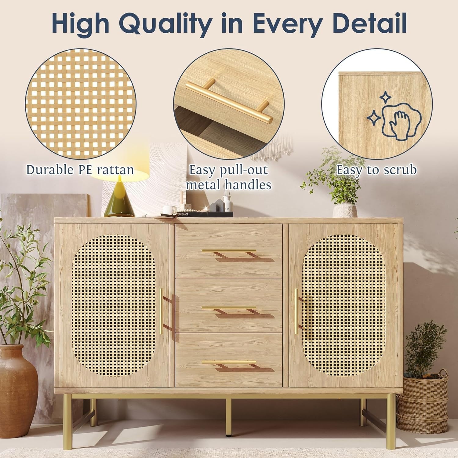 Rattan Sideboard Oak Storage Cabinet 3 Drawers 2 Doors 120cm Boho Chic