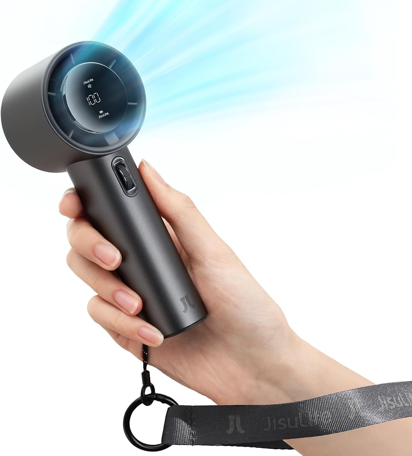 Portable Handheld Fan – 100-Speed Turbo Mini Air Cooler Grey Digital Display