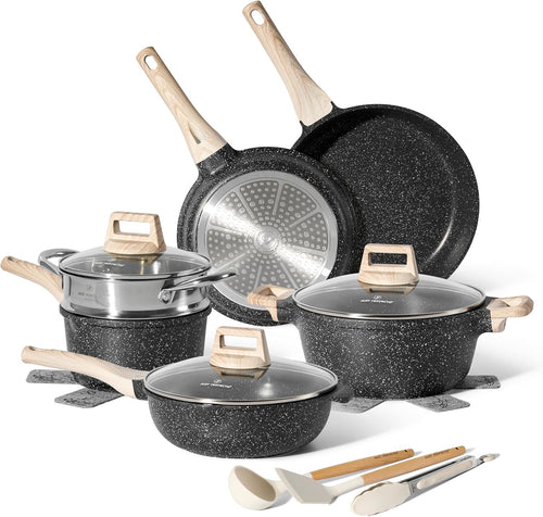 14pcs Black Granite Non Stick Cookware Set Induction Safe Pot and Pans with Lid