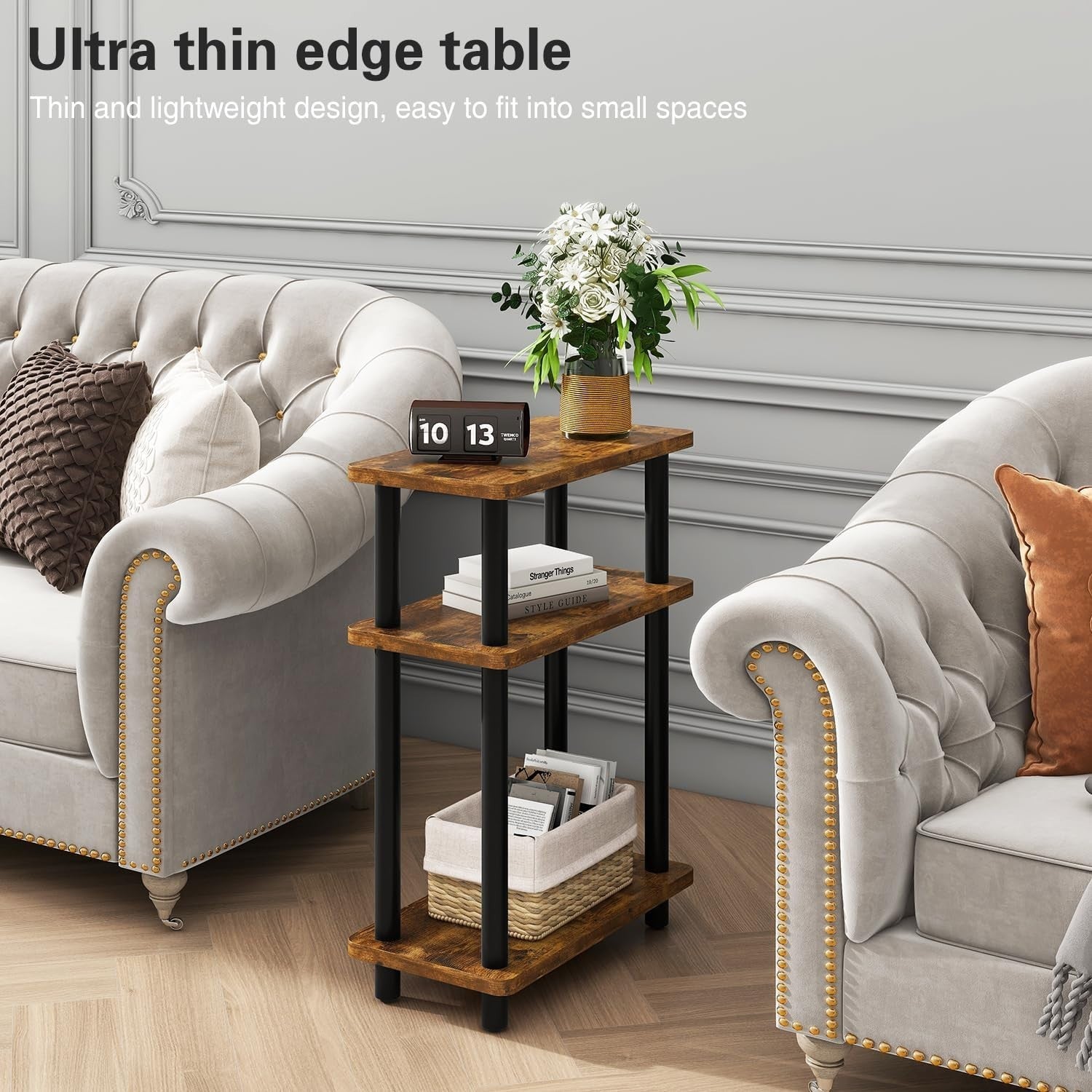 Compact Narrow Side Table with Storage Shelf, Slim, Rustic Brown, No-Tool Assemb