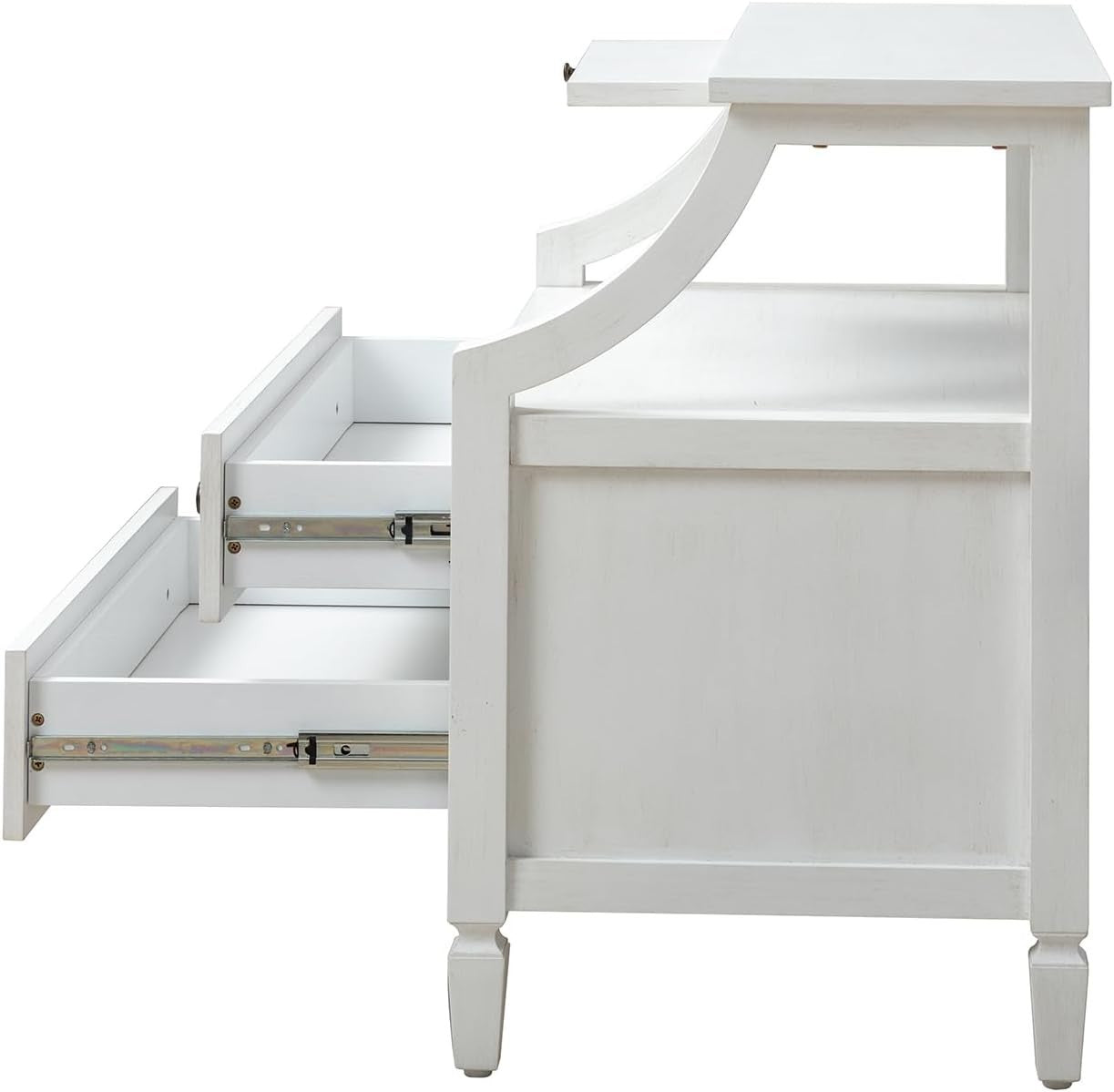 White Modern Bedside Table with 2 Drawers & Shelf, Solid Wood Legs