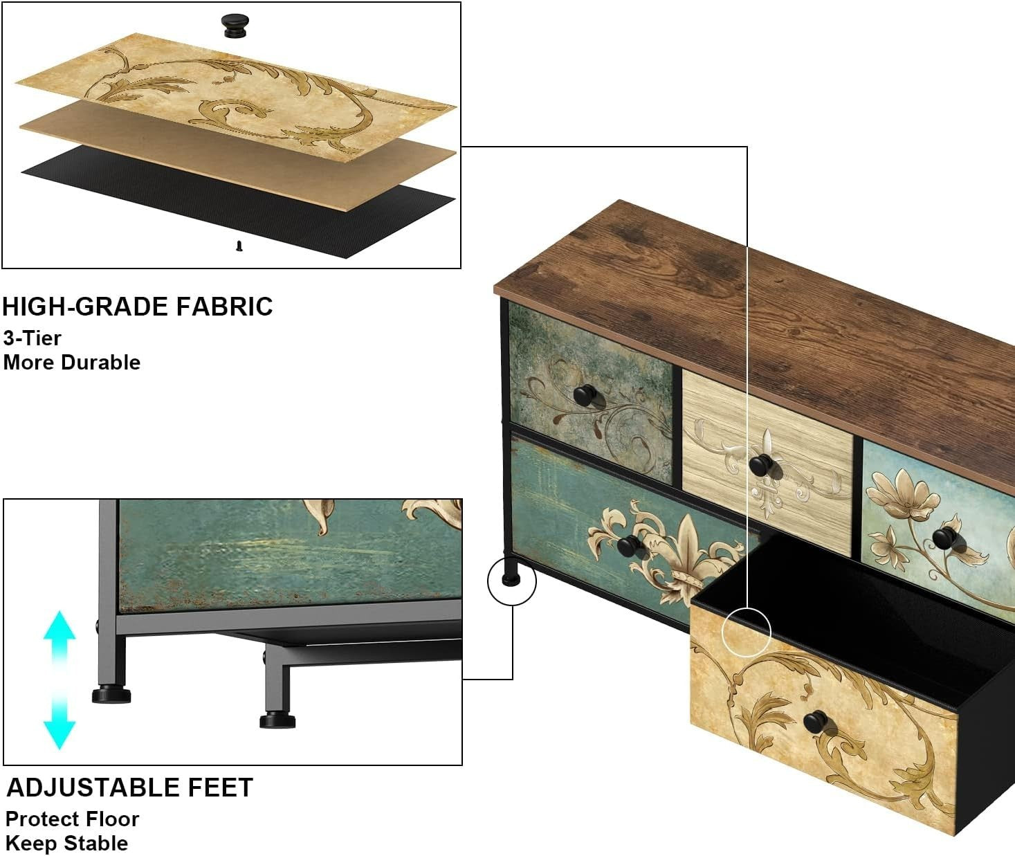 5-Drawer Bohemian Storage Dresser for Bedroom, Nursery, Living Room, Closet