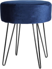 Blue Velvet Round Footstool with Black Metal Legs – Modern Dressing Table Seat