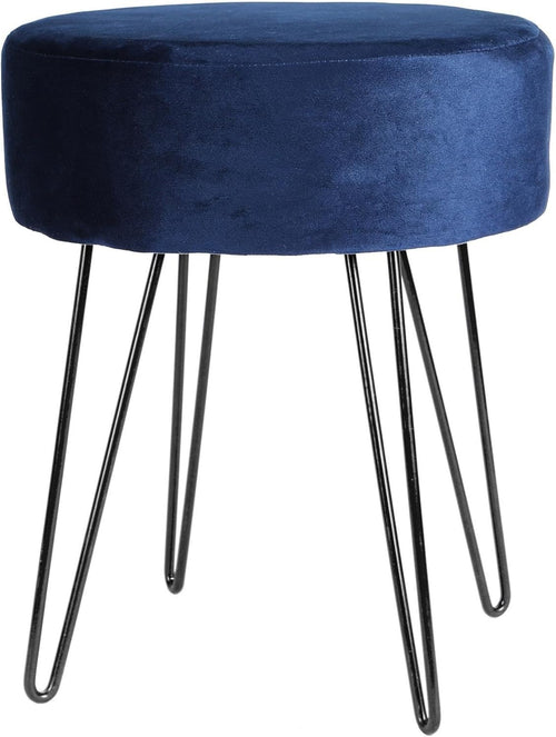 Blue Velvet Round Footstool with Black Metal Legs – Modern Dressing Table Seat