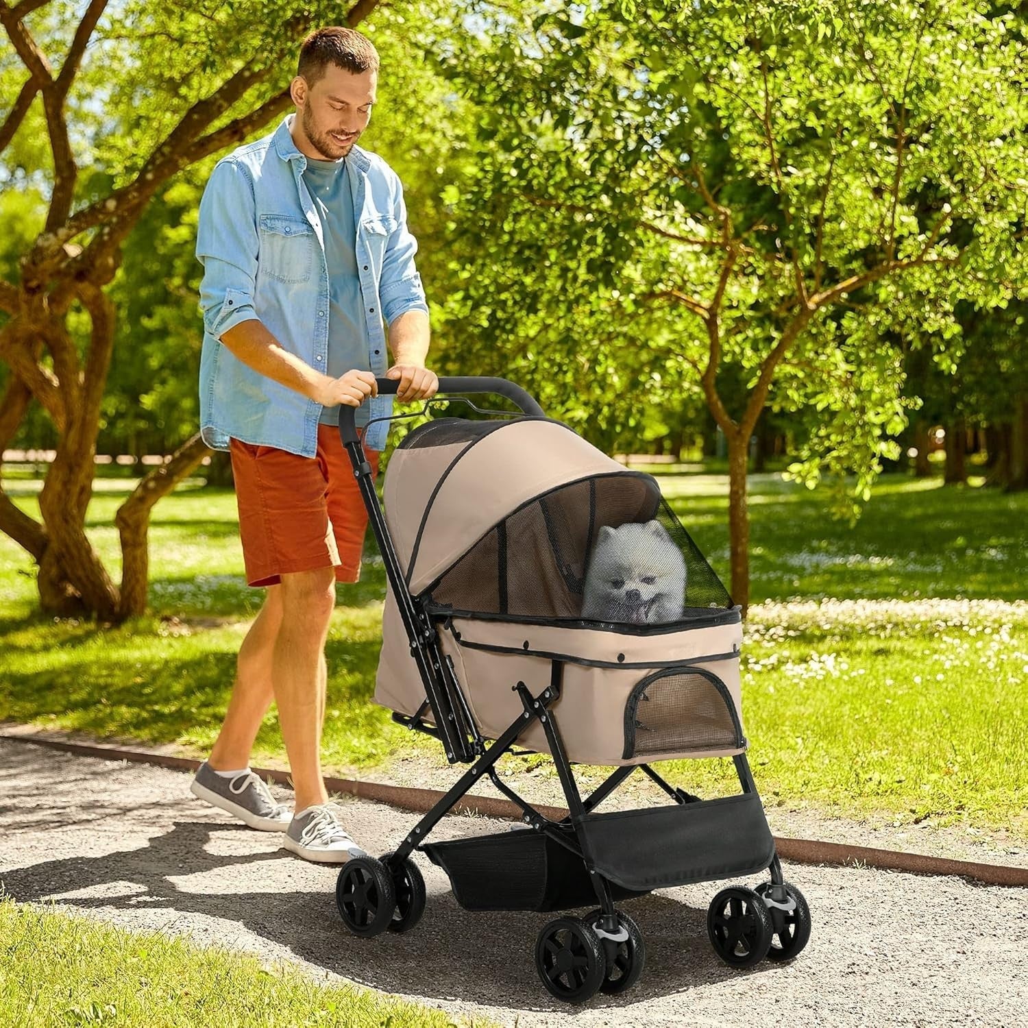 Light Brown Dog Pushchair Foldable Pet Stroller Reversible Handle EVA Wheels