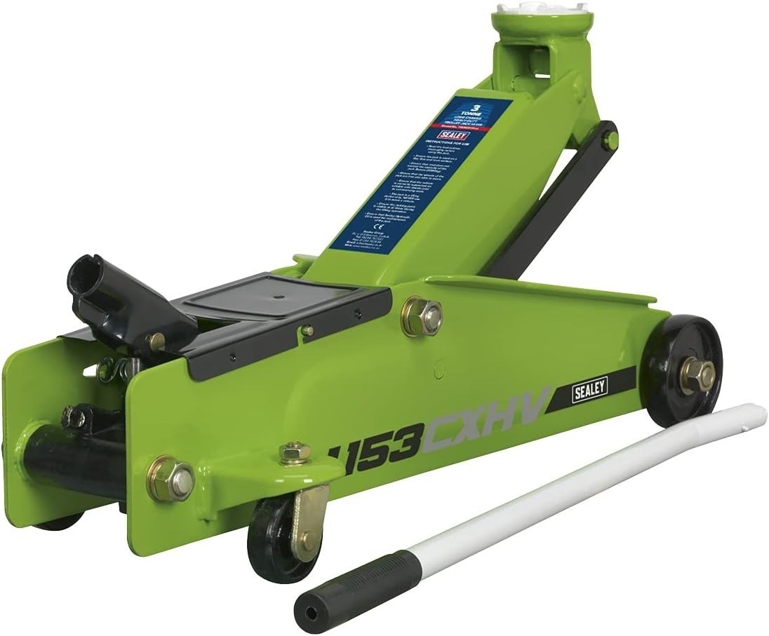3 Ton Long Chassis Hydraulic Trolley Jack 140–432mm Heavy Duty Hi-Vis Green