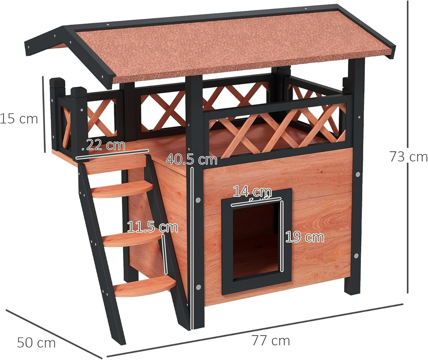 Outdoor Two-Tier Wooden Cat House with Balcony & Asphalt Roof, Weatherproof