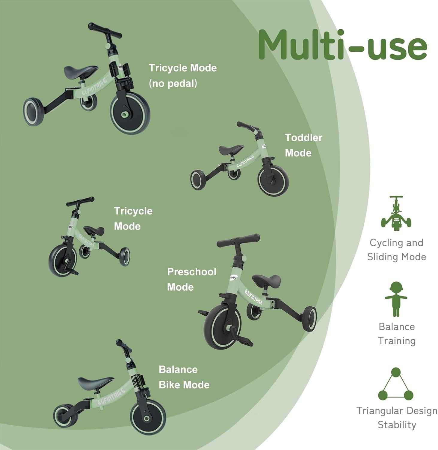 5 In 1 Toddler Tricycle Balance Bike Ride On Toy Removable Pedals Green