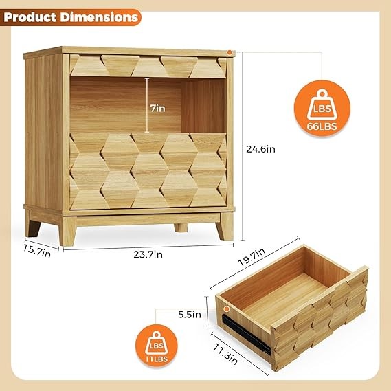 Modern Bedside Table with Hidden Locking Drawer, 3D Fluted Design, Natural Night