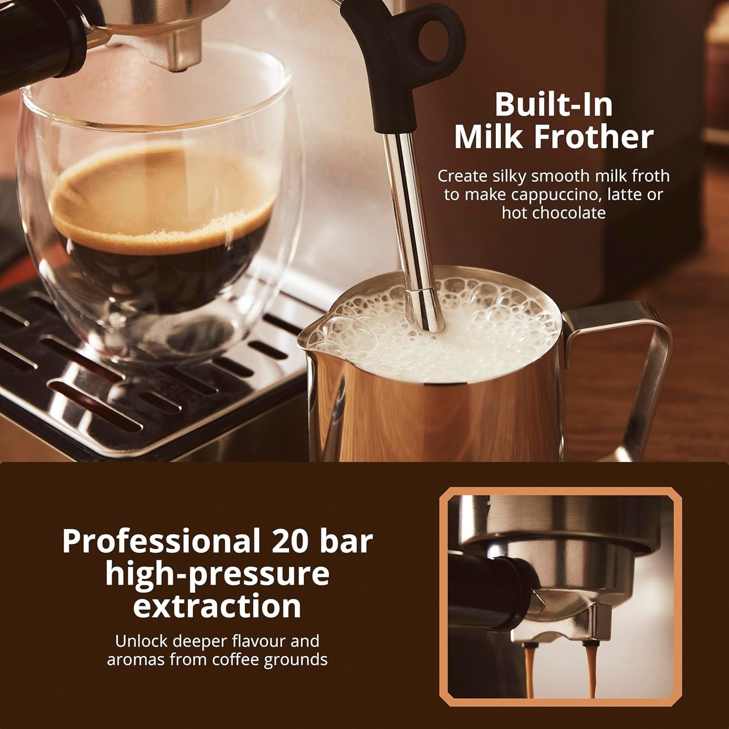 Compact Digital Espresso Machine 20 Bar Pump Milk Frother Stainless Steel 1.2L