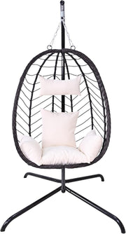 Beige Hanging Egg Chair with Stand | Outdoor Rattan Swing Chair for Garden