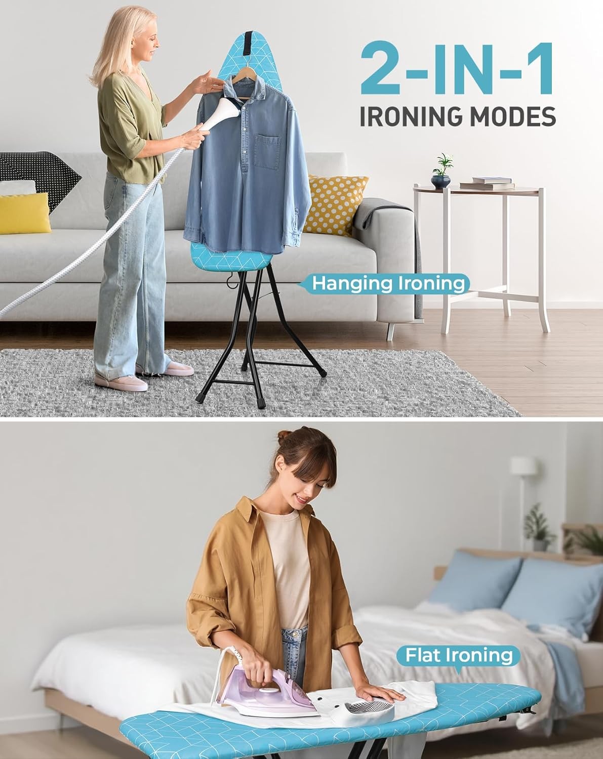 2 in 1 Ironing & Steaming Board Foldable Compact Steel Frame Blue
