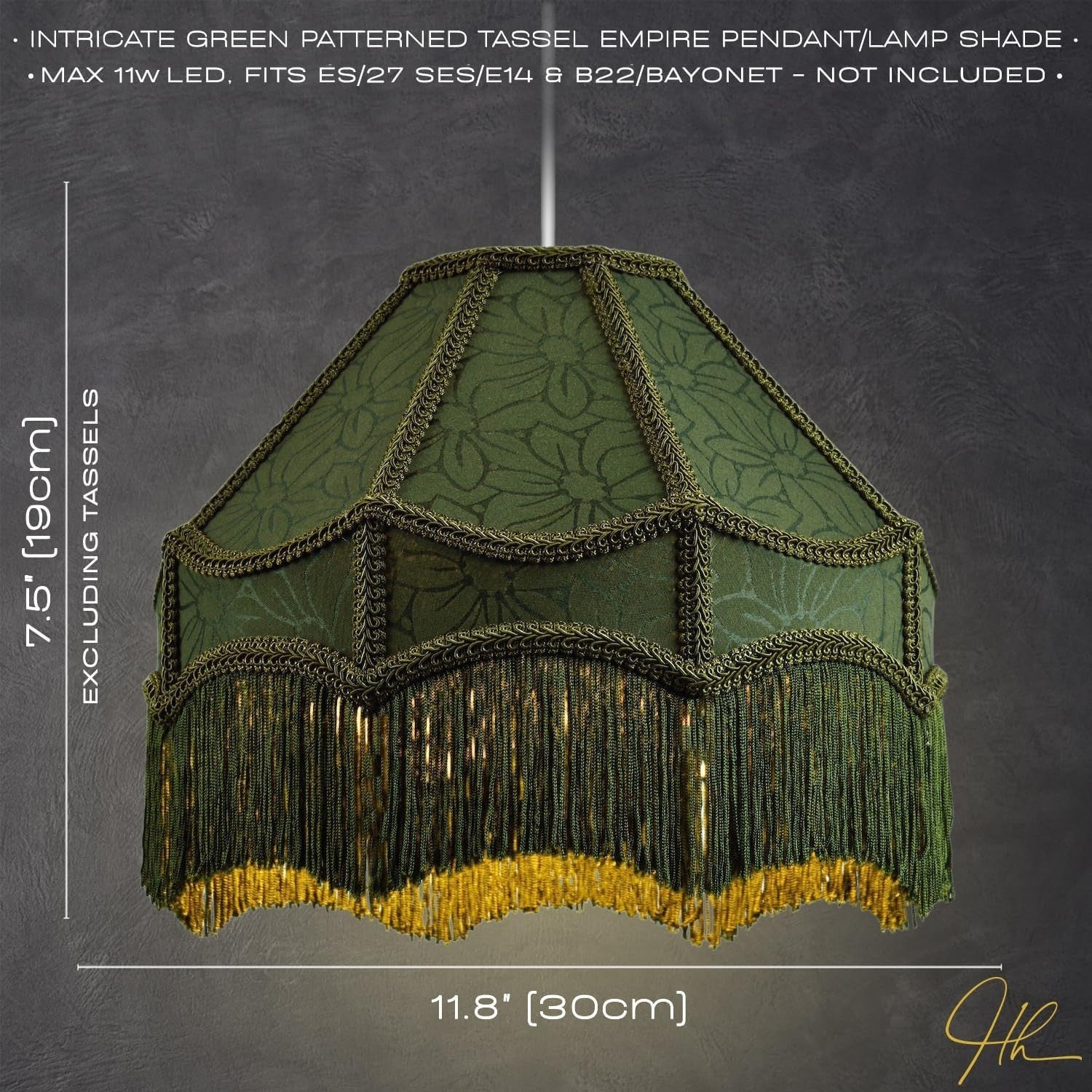 Victorian Empire Lampshade Floral Forest Green Tassels Pendant Table Lamp