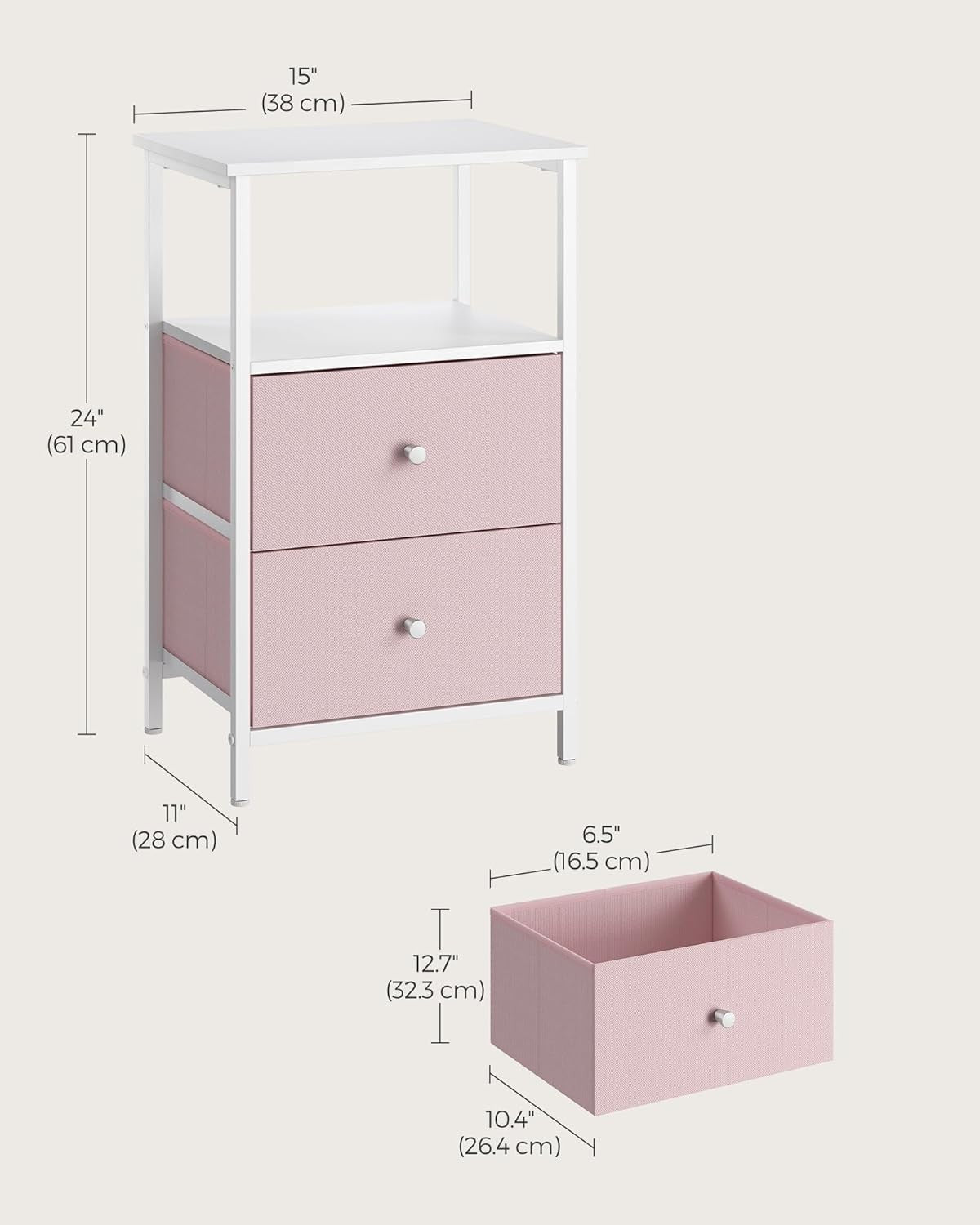Tall Pink Bedside Table with 2 Fabric Drawers & Shelf – Modern Storage Unit