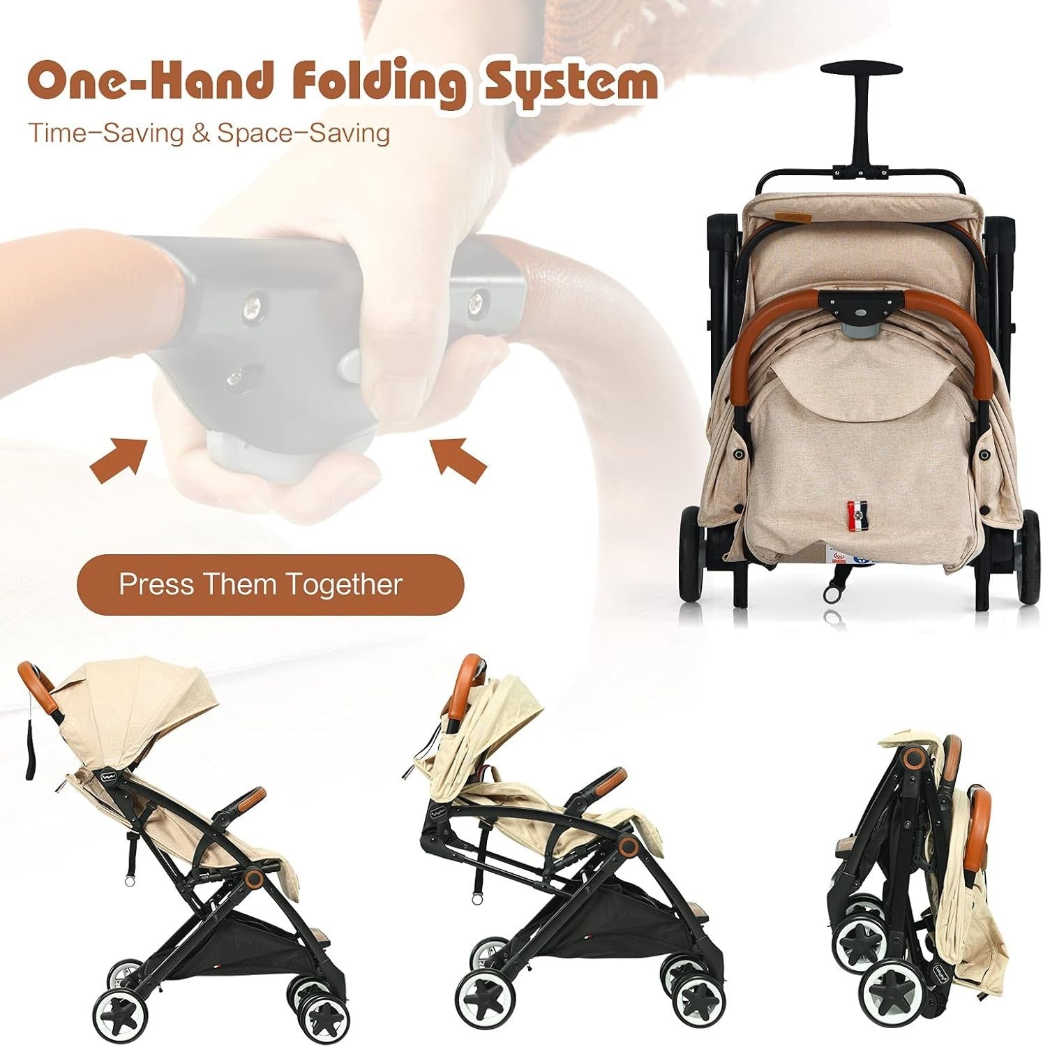 Beige Lightweight Baby Pushchair One Hand Fold Travel Buggy