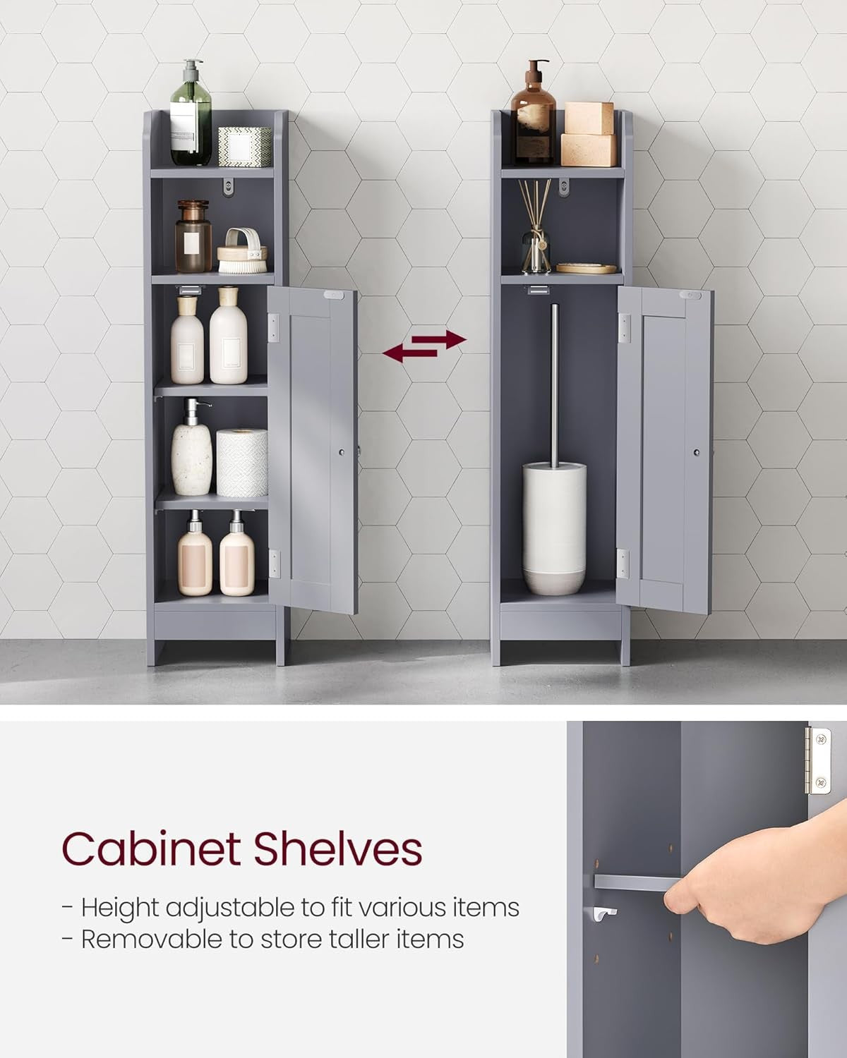 Slim Dove Grey Bathroom Storage Cabinet with Door, Adjustable Shelf & Narrow Des