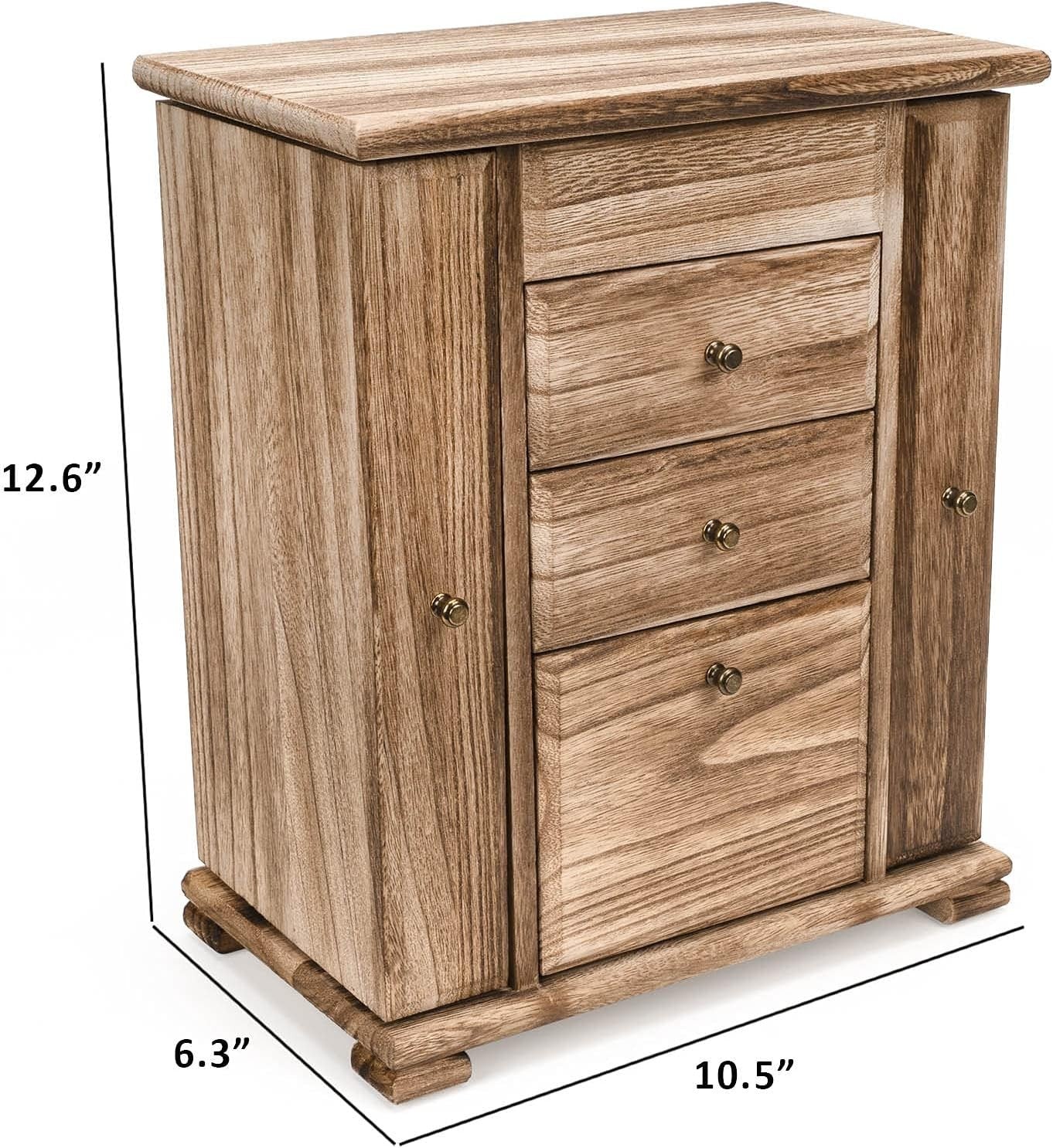 Rustic Wooden Jewelry Box Organizer with Mirror 4 Layer Storage Case