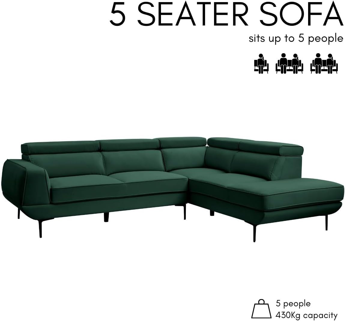 5 Seater L-Shaped Velvet Sofa with Adjustable Headrests & Metal Legs
