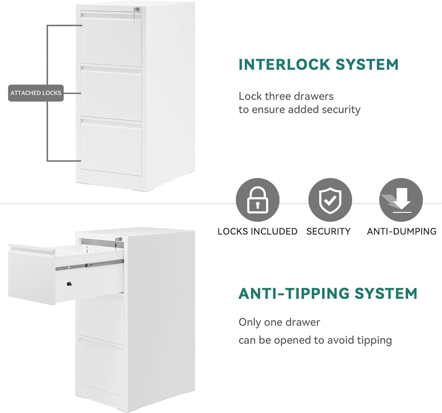 White 3 Drawer Lockable File Cabinet 62x45x102cm Rolling Steel