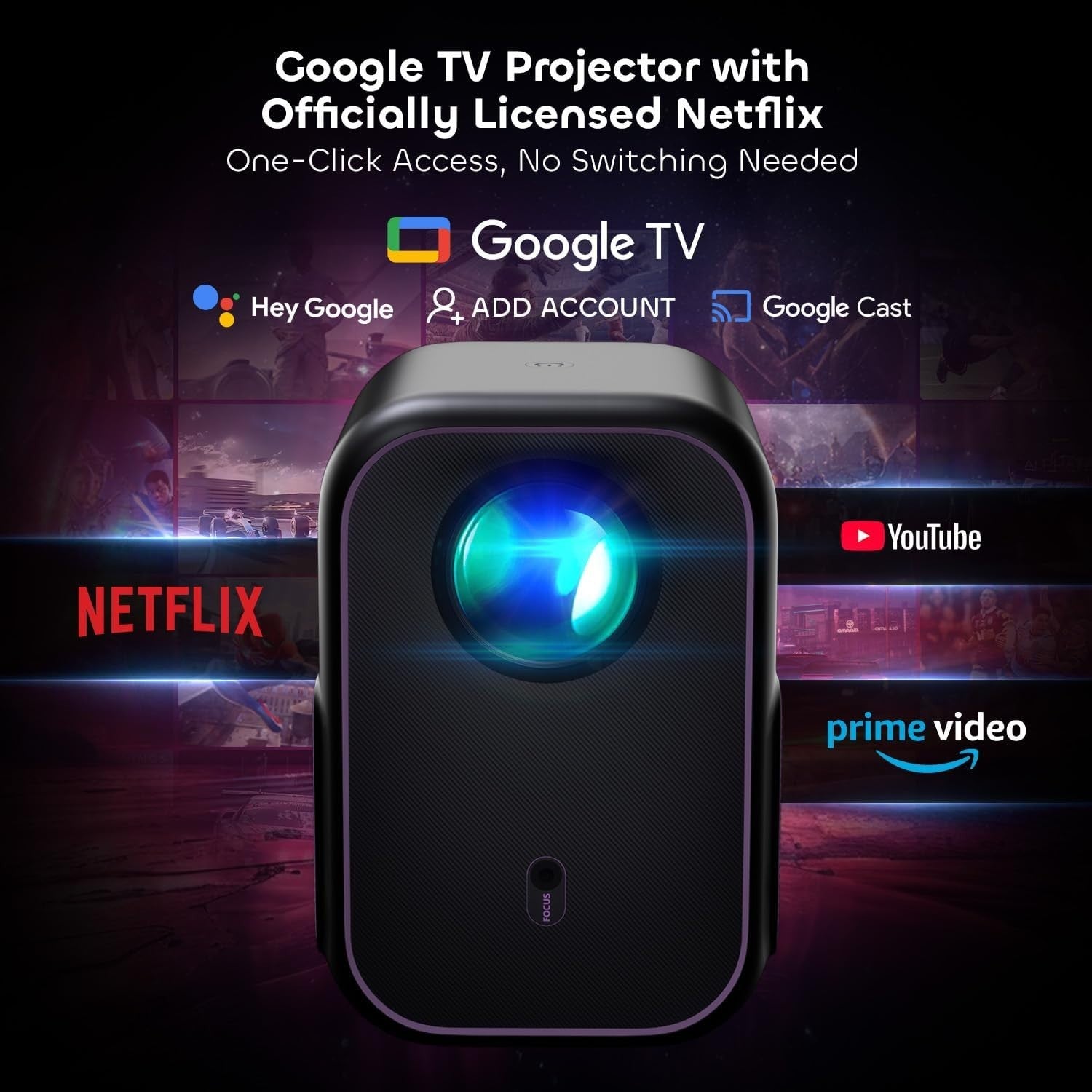 Smart 1080P Projector Google TV WiFi Bluetooth Auto Focus 4K