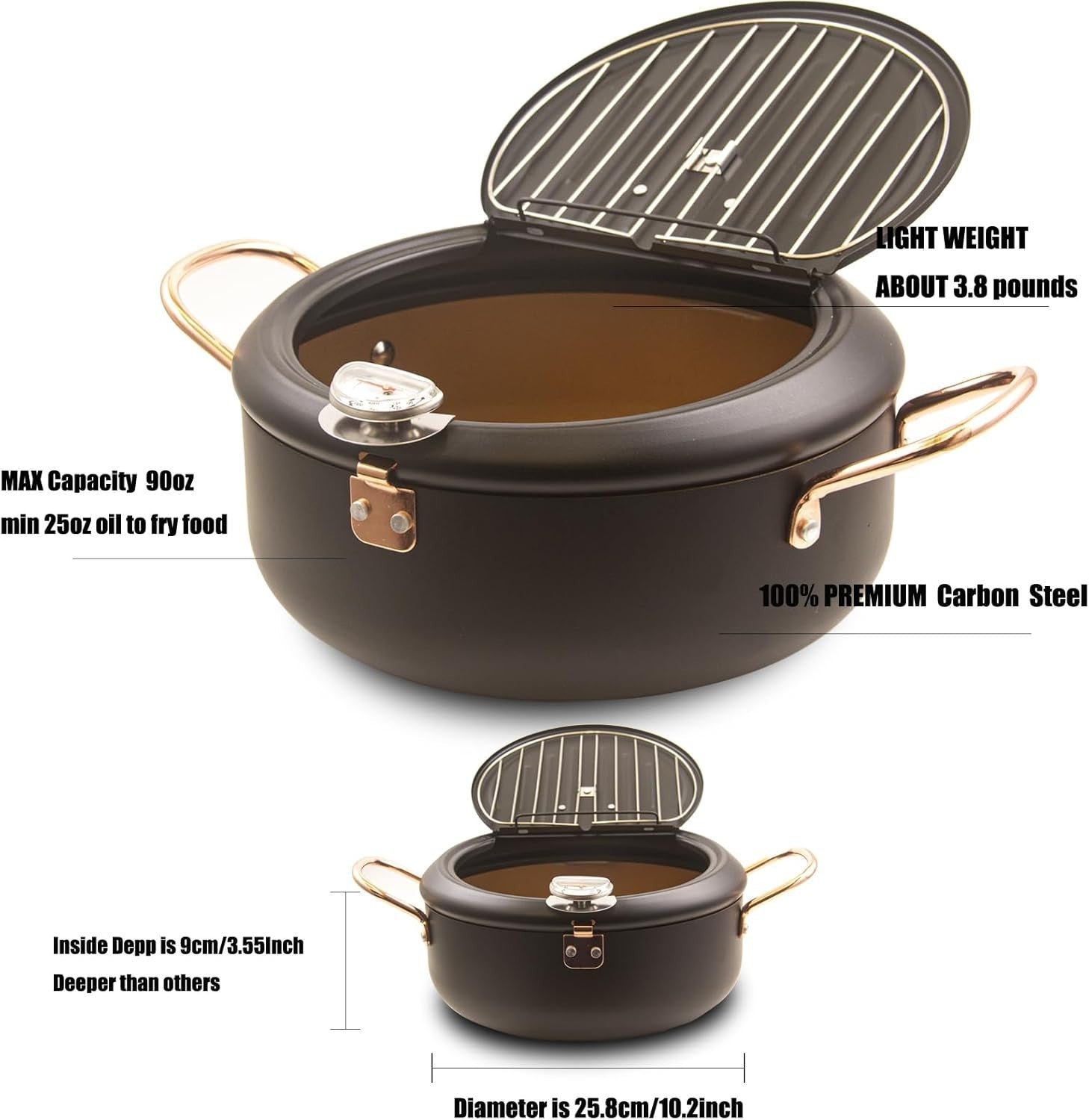 Japanese Tempura Deep Fryer Pot 9.5in Nonstick With Thermometer