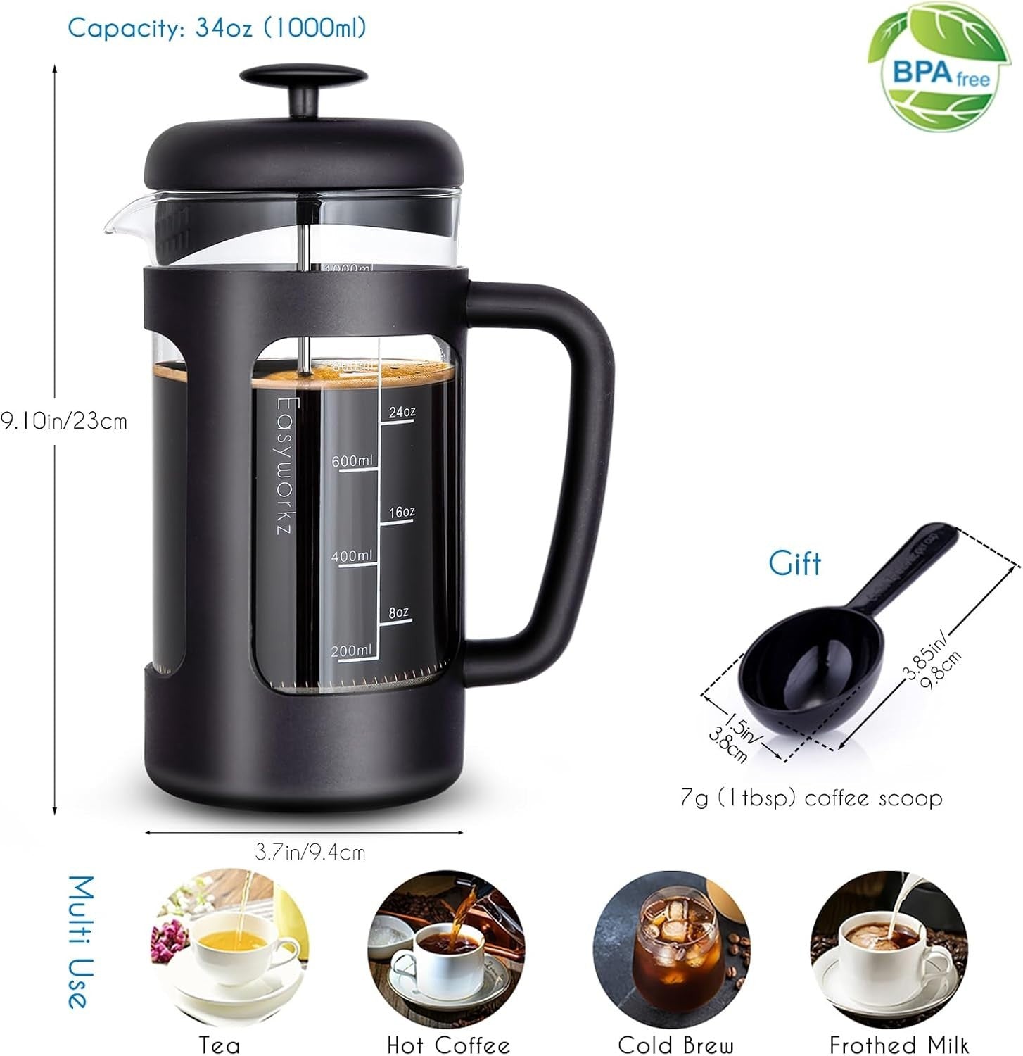 French Press Coffee Maker 1000ml Borosilicate Glass Heat-Resistant Soft-Grip