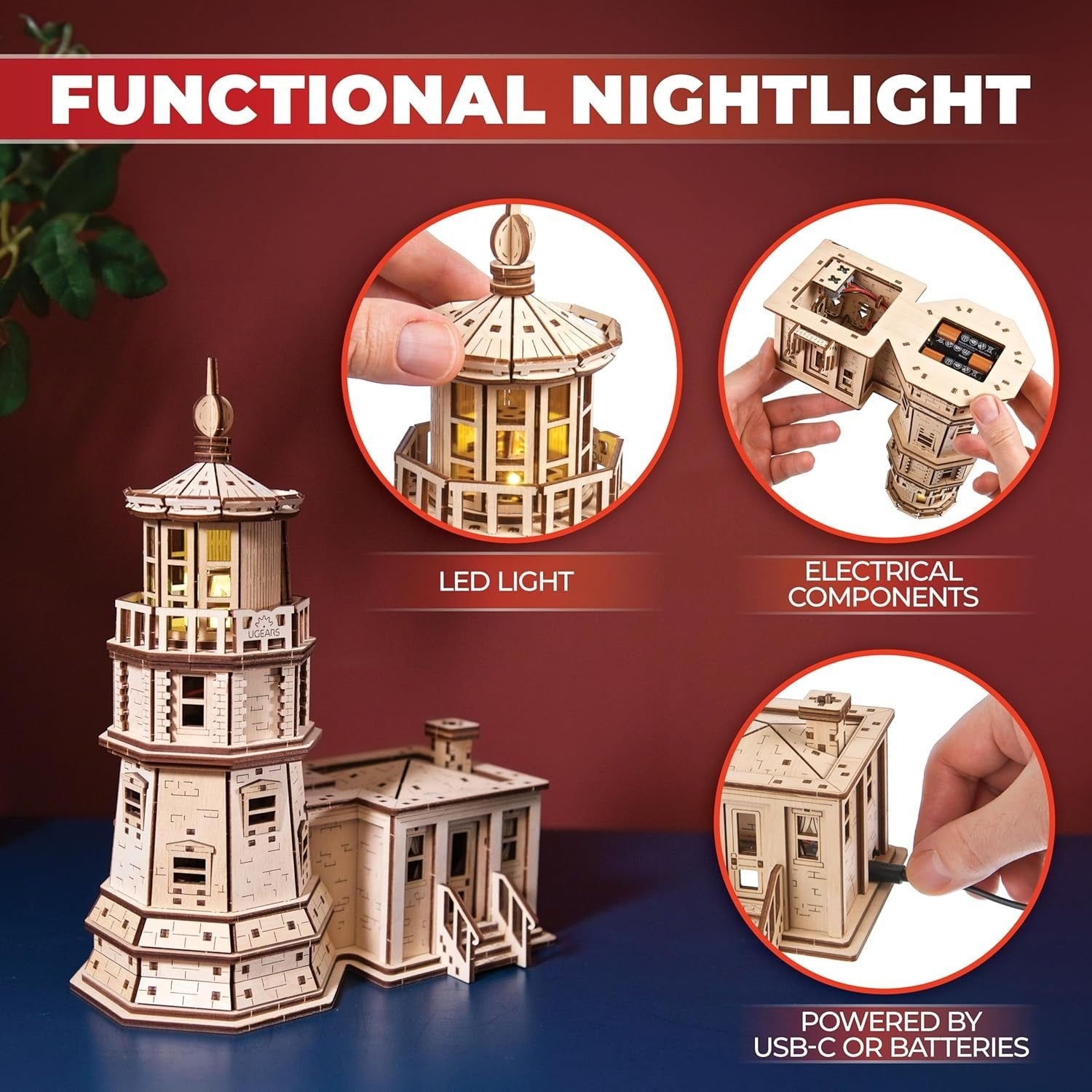 3D Wooden Lighthouse Puzzle with LED Nightlight – DIY Model Kit Gift