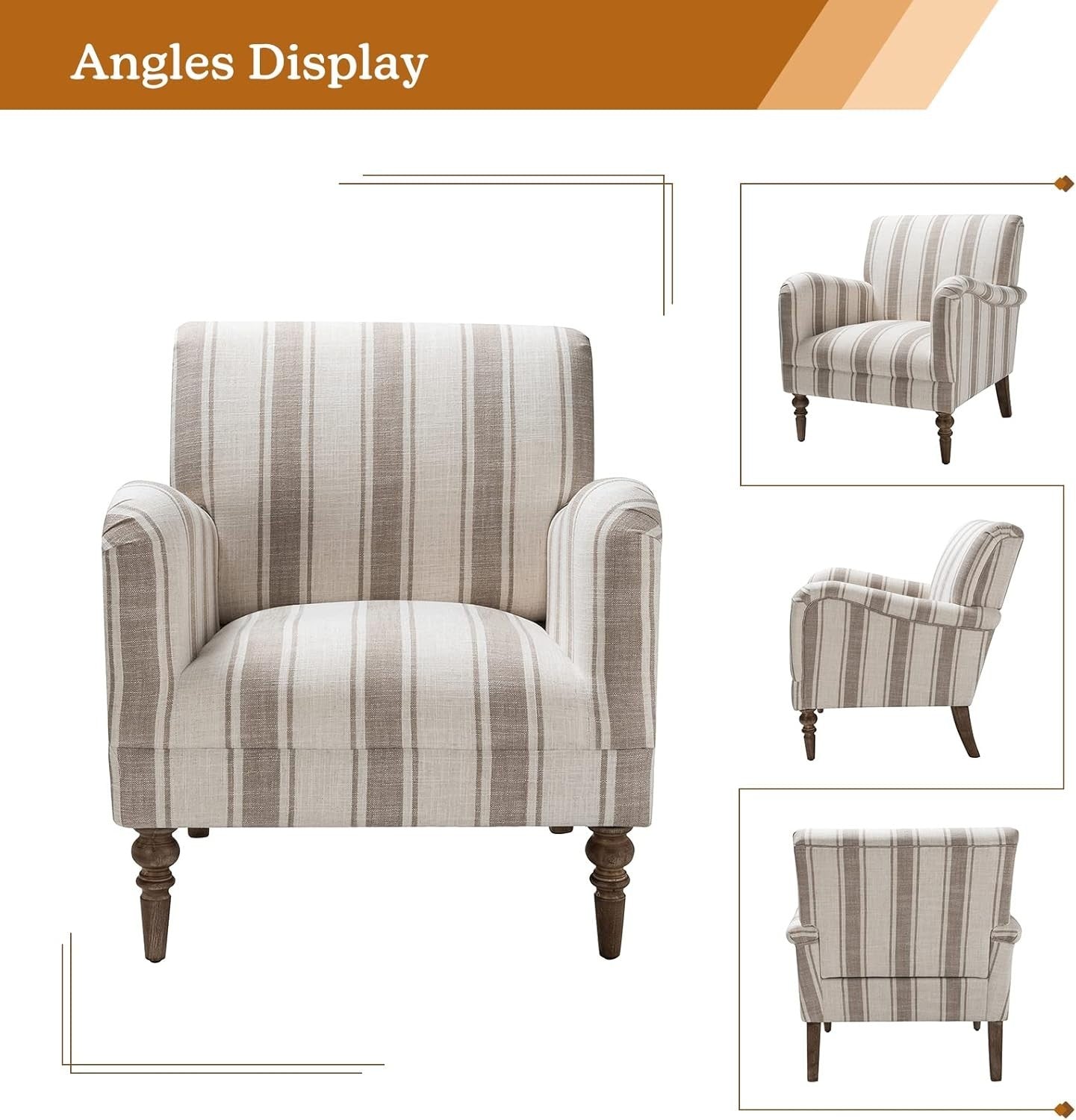 Set of 2 Striped Upholstered Armchair with Wooden Legs for Lounge or Bedroom Tan