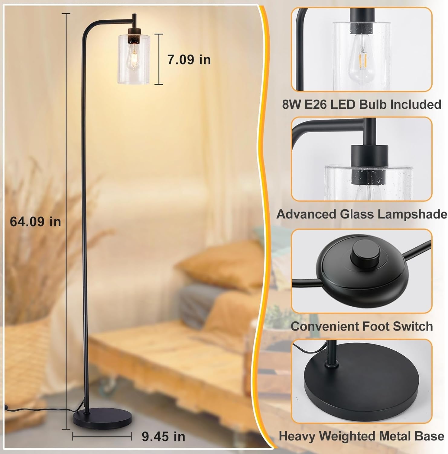Tall Floor Lamp Industrial Black Seeded Glass E27 LED Modern Corner