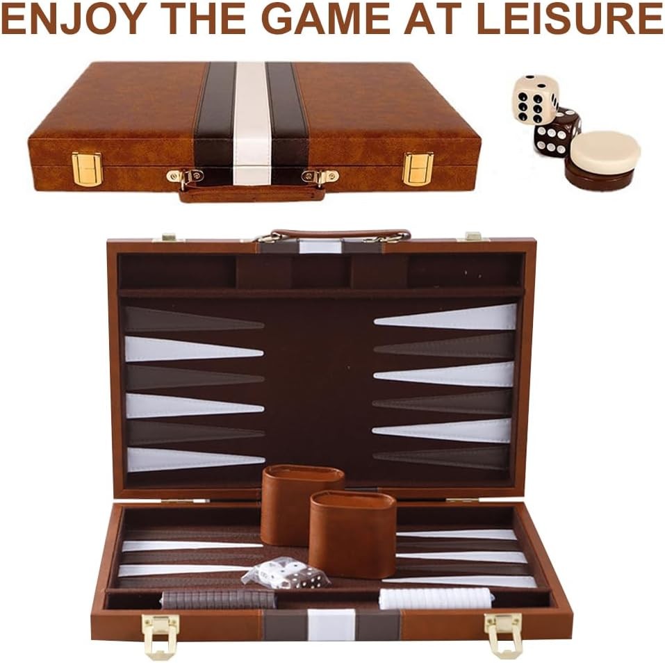 15 Inch Backgammon Set Leather Case Portable Board Game Dice Cups
