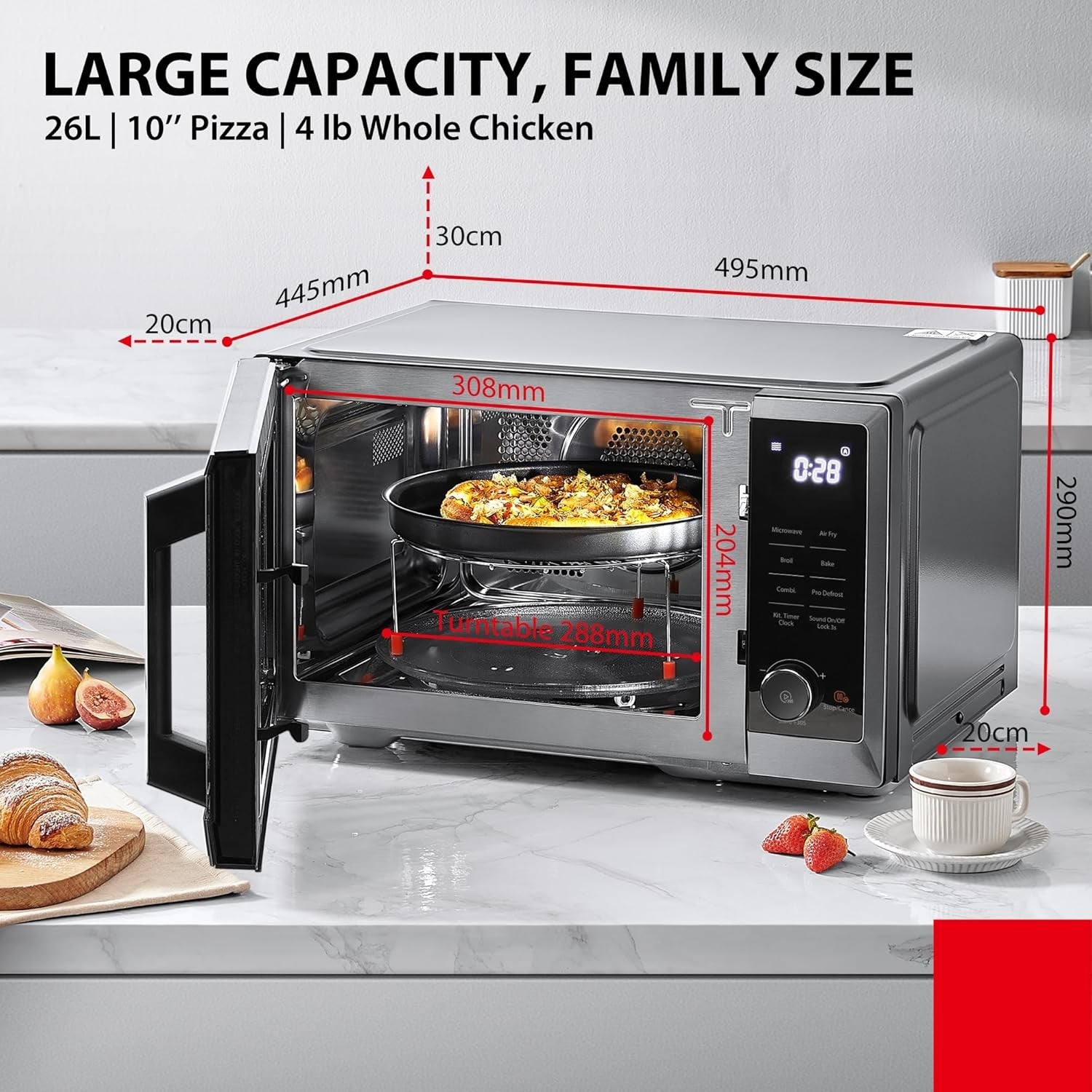 26L 900W Air Fry Microwave Oven 5-in-1 Bake Broil