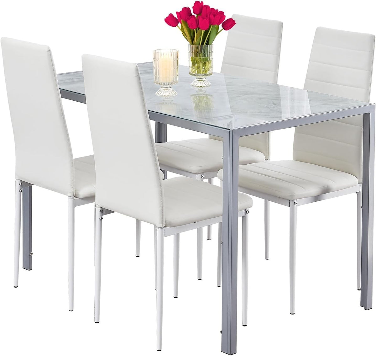 5 Piece Marble Glass Dining Table Set with 4 White Chairs for Kitchen