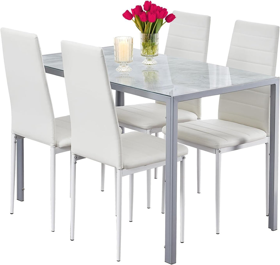 5 Piece Marble Glass Dining Table Set with 4 White Chairs for Kitchen