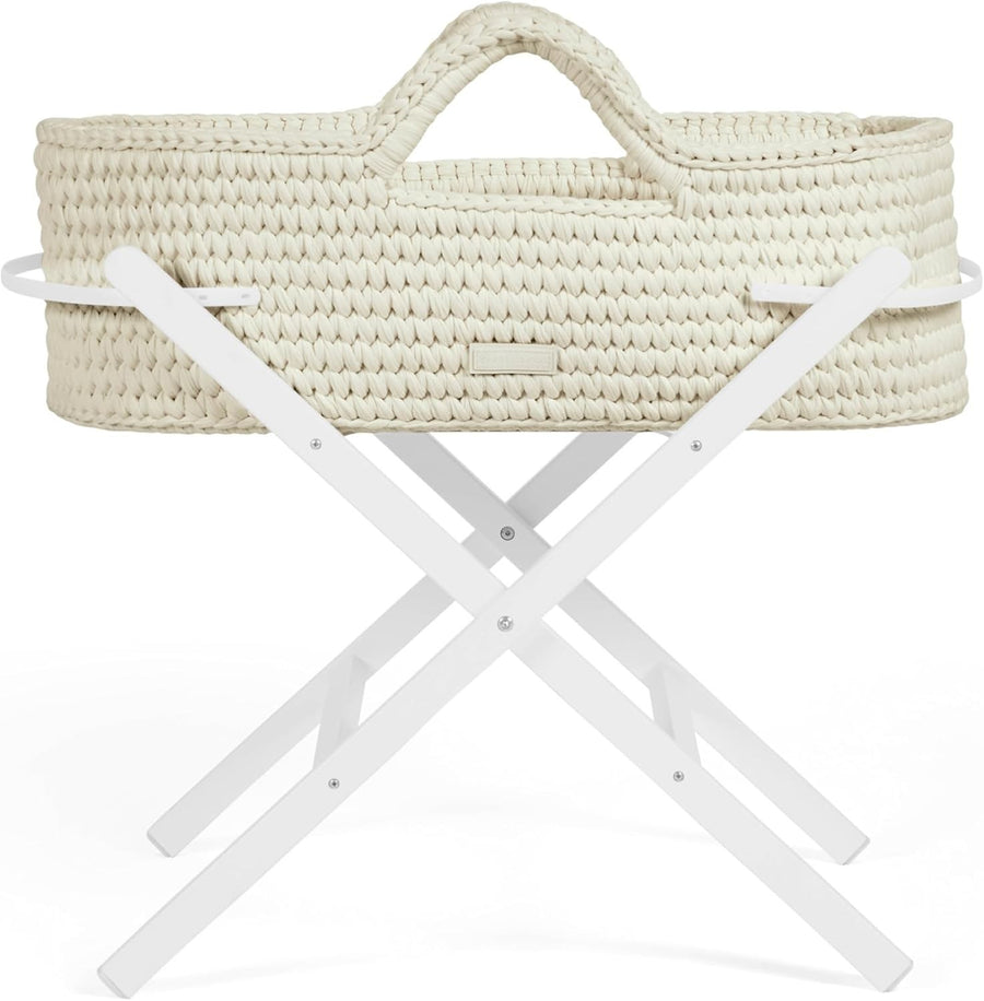 Crochet Moses Basket with Foldable Stand & Mattress Lightweight Cloud Pine