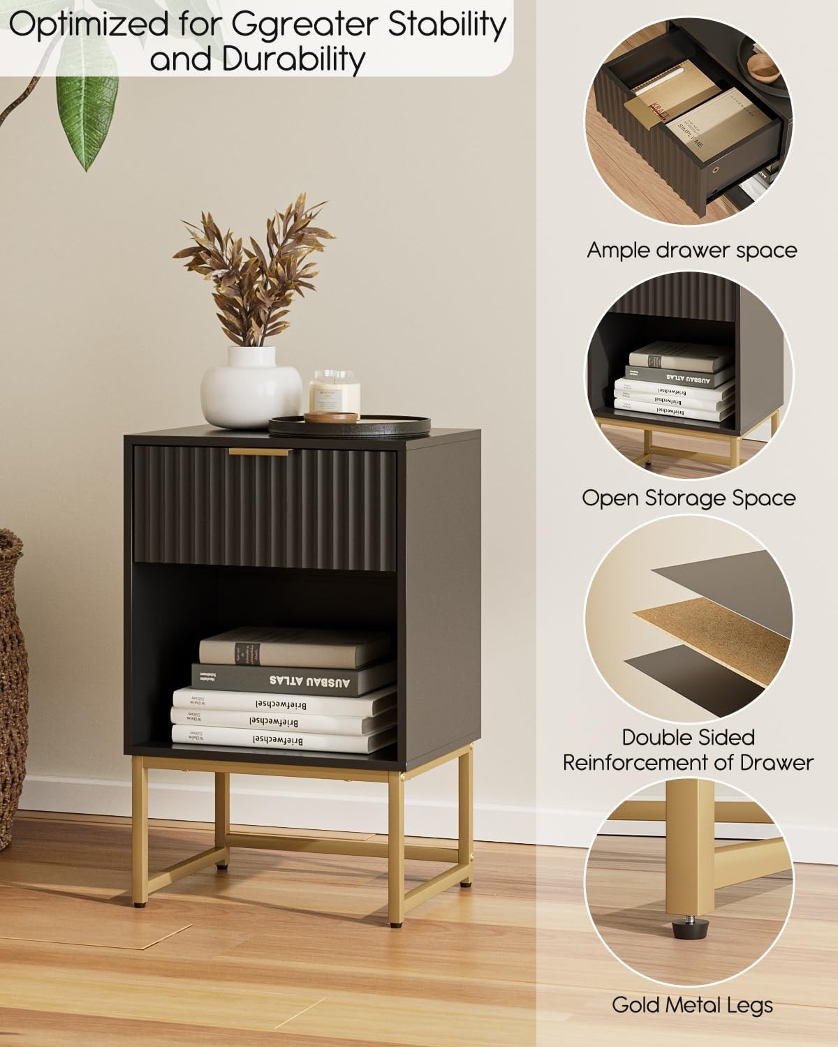 Modern Black Fluted Bedside Table with Drawer & Shelf – Gold Metal Legs